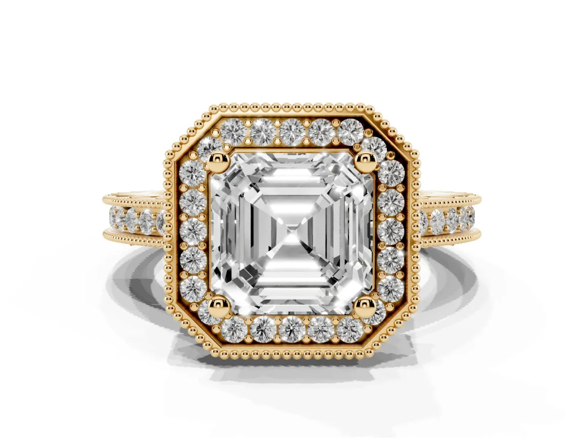 Asscher Cut Diamond Milgrain Halo Engagement Ring with Round Pavé Band and Prong Setting Yellow gold