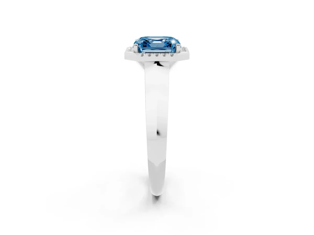 Fancy Blue Asscher Cut Halo Diamond Ring with Cathedral Band and Four-Prong Setting Platinum