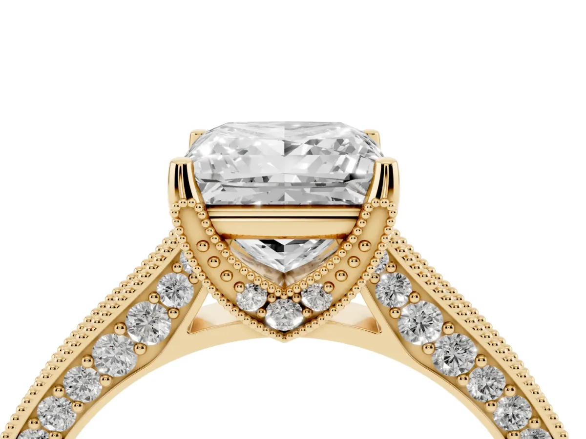 Princess Cut Cut Diamond Solitaire Ring with Milgrain Pave Band and Four Prong Setting Yellow gold