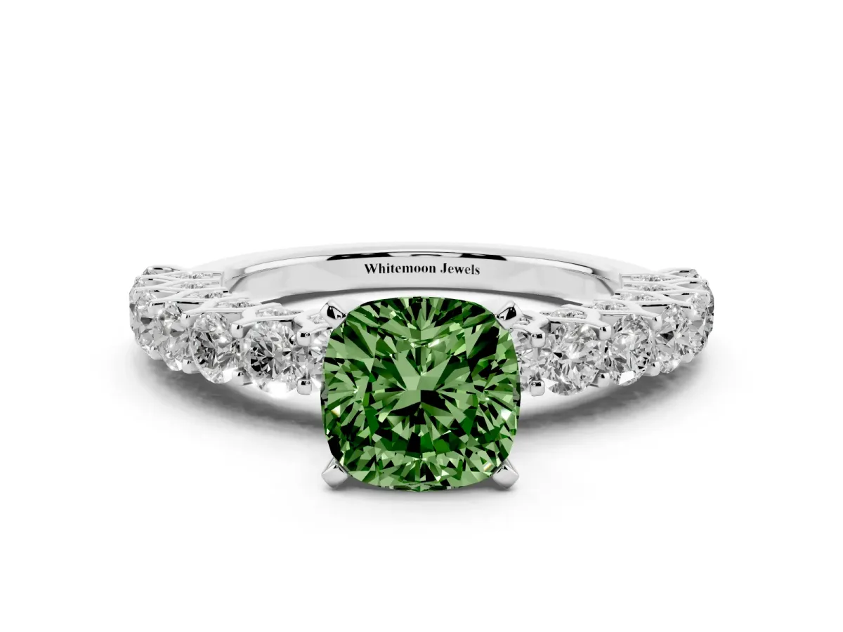 Fancy Green Cushion Cut Diamond Solitaire Ring with Shared Prong Pavé Band and Four-Prong Setting Silver