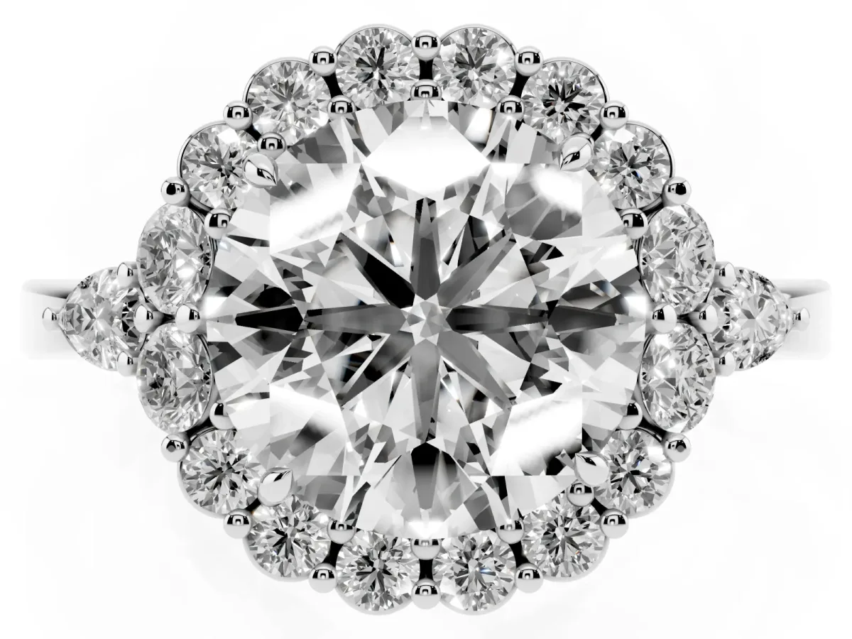 Round Cut Diamond Halo Ring with Pear Side Stones and Prong Setting Platinum
