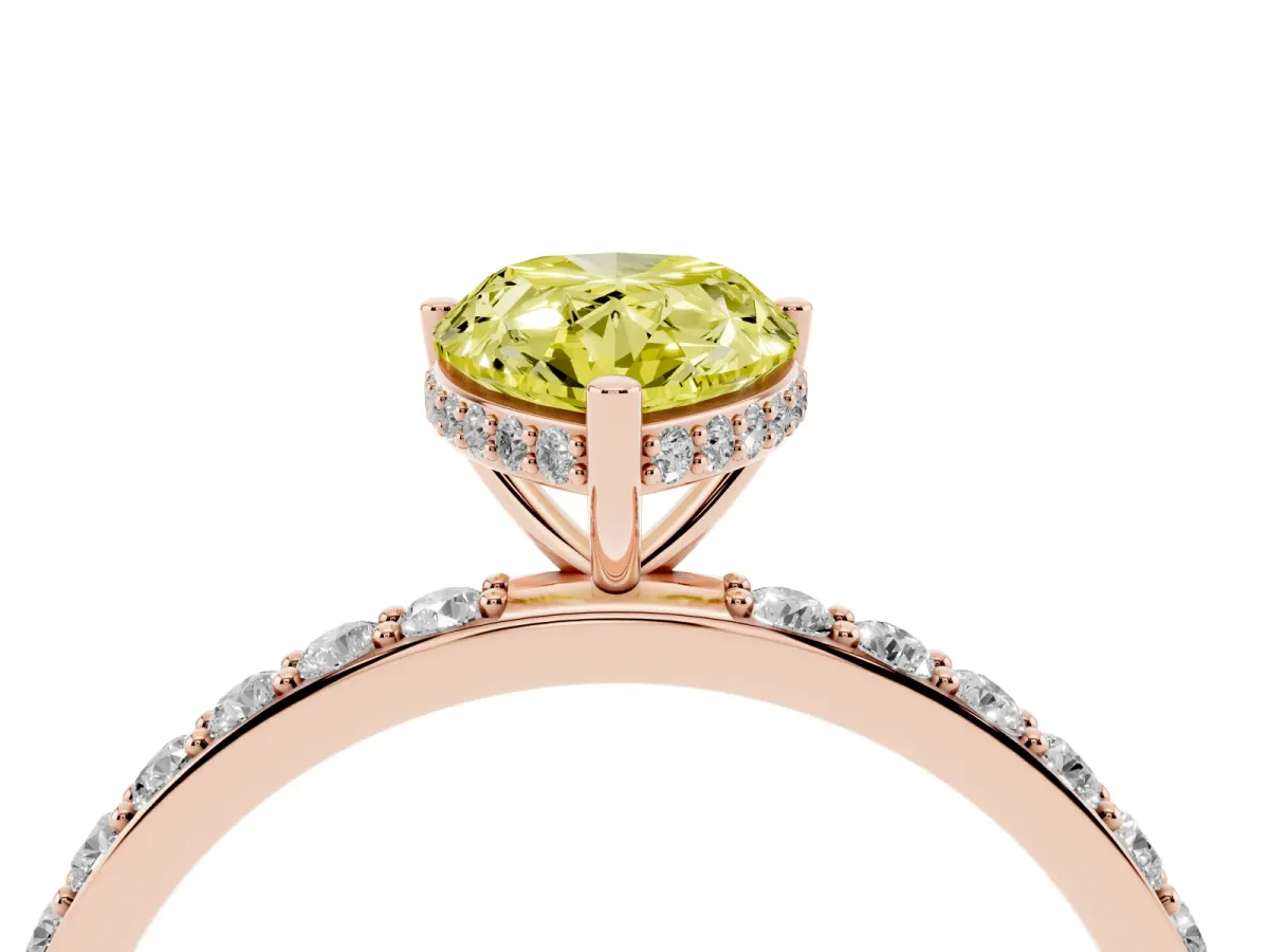 Fancy Yellow Pear Cut Diamond Solitaire Ring with Pavé Band and Hidden Halo Rose gold