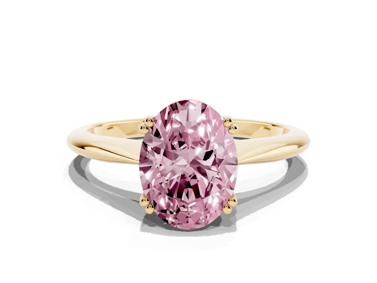 Fancy Pink Oval Cut Solitaire Diamond Ring with Six-Prong Setting and Classic Band Yellow gold