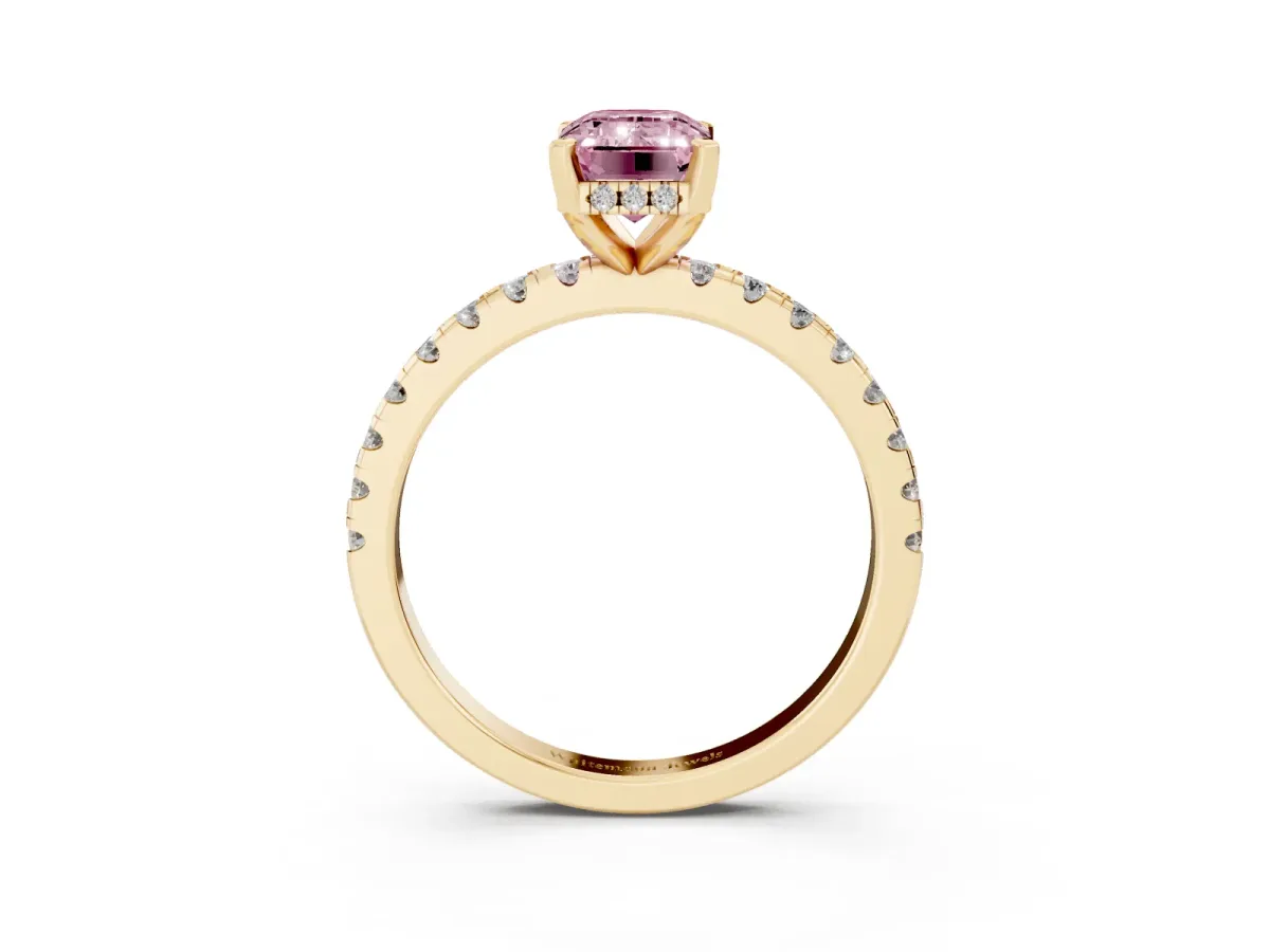 Fancy Pink Emerald Cut Diamond Solitaire Ring with Round Pavé Band and Four-Prong Setting Yellow gold