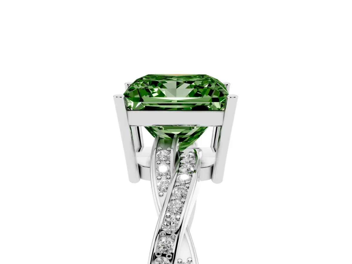 Fancy Green Princess Cut Solitaire Twisted Pave Diamond Ring with Four-Prong Setting Silver