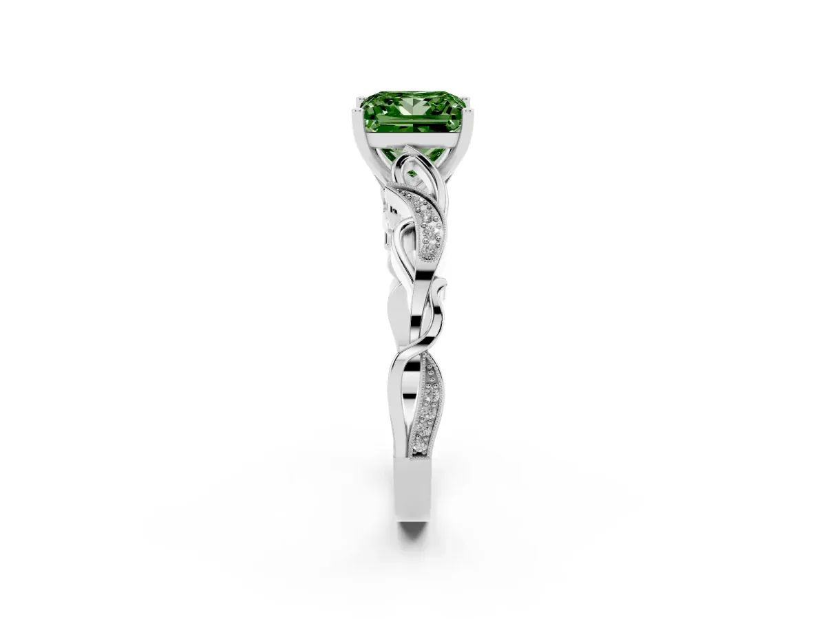 Fancy Green Princess Cut Solitaire Vine Band with Milgrain Prong Setting Silver