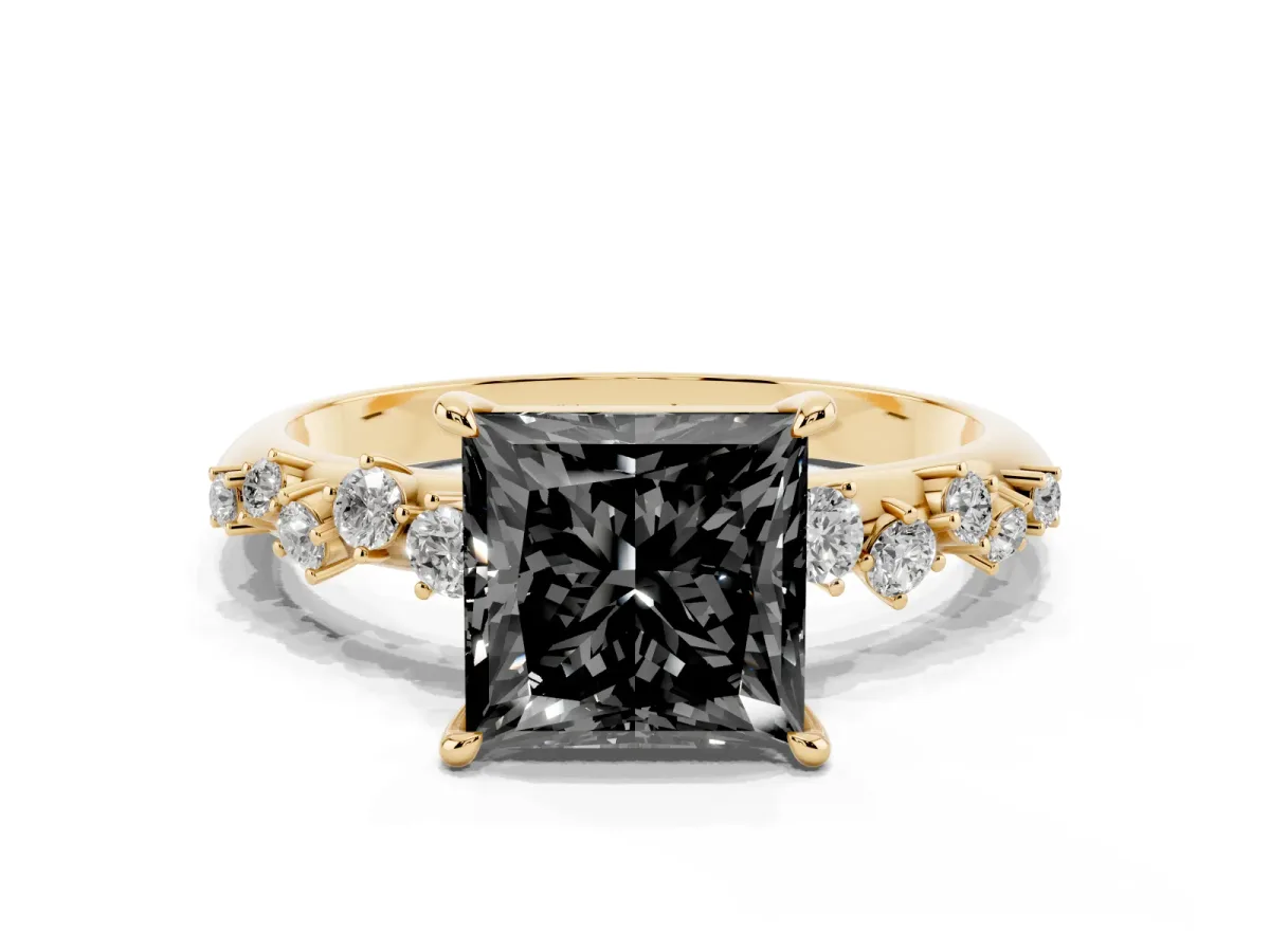Fancy Black Princess Cut Diamond Cluster Side Stone Solitaire Ring with Prong Setting Yellow gold