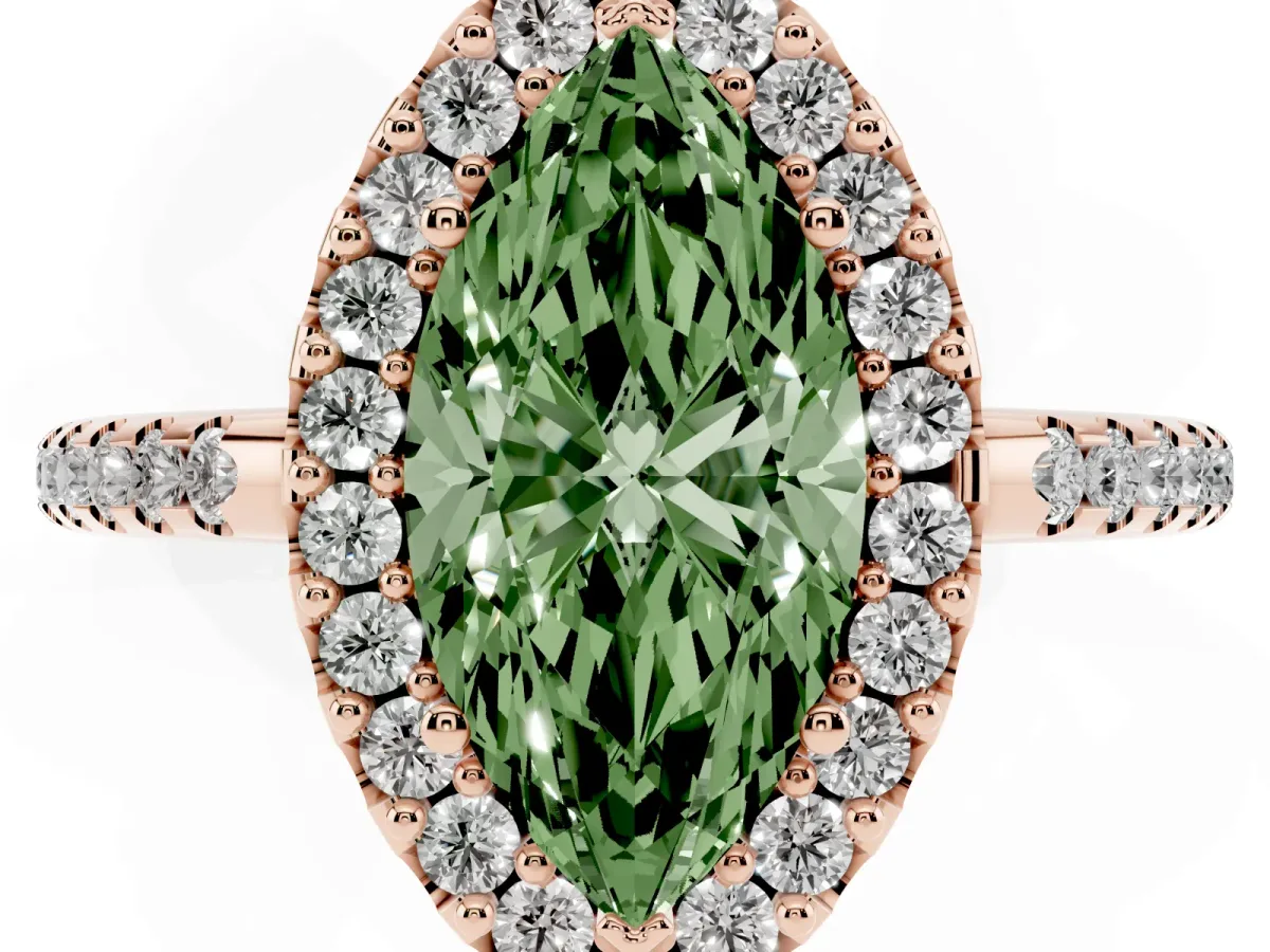 Fancy Green Marquise Cut Diamond Pavé Halo Ring with Four-Prong Setting Rose gold
