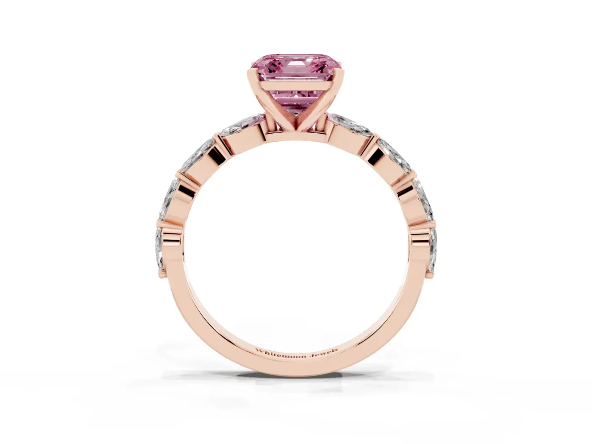 Fancy Pink Asscher Cut Diamond Ring with Marquise Side Stones and Prong Setting Rose gold