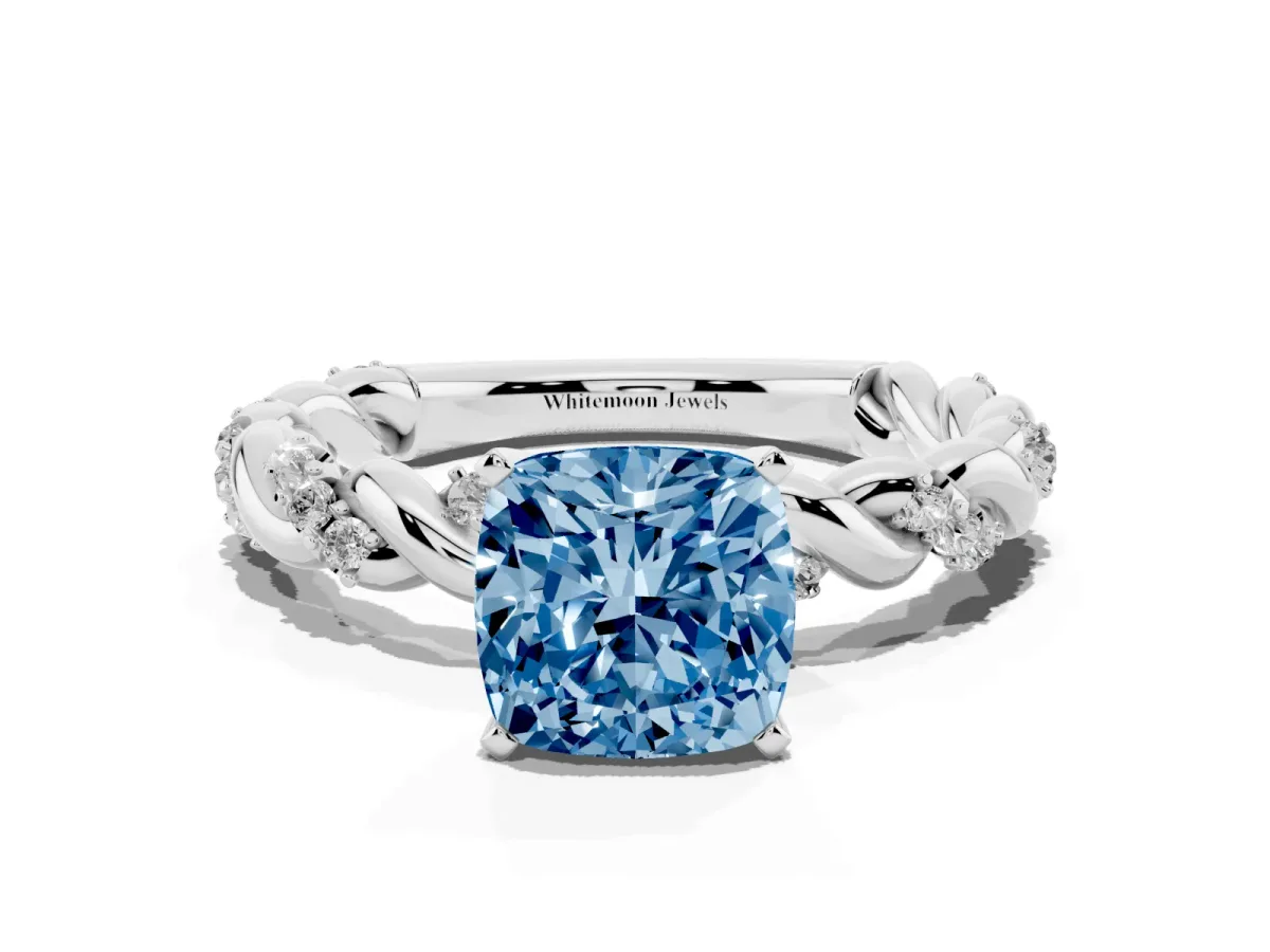 Fancy Blue Cushion Cut Diamond Solitaire Ring with Twisted Band and Pavé Accents Platinum