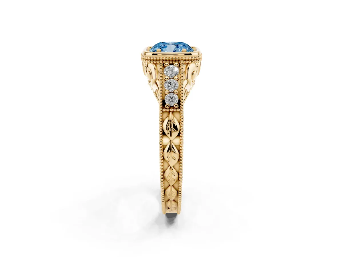 Fancy Blue Bezel Set Cushion Cut Diamond Milgrain Pave Engagement Ring Yellow gold