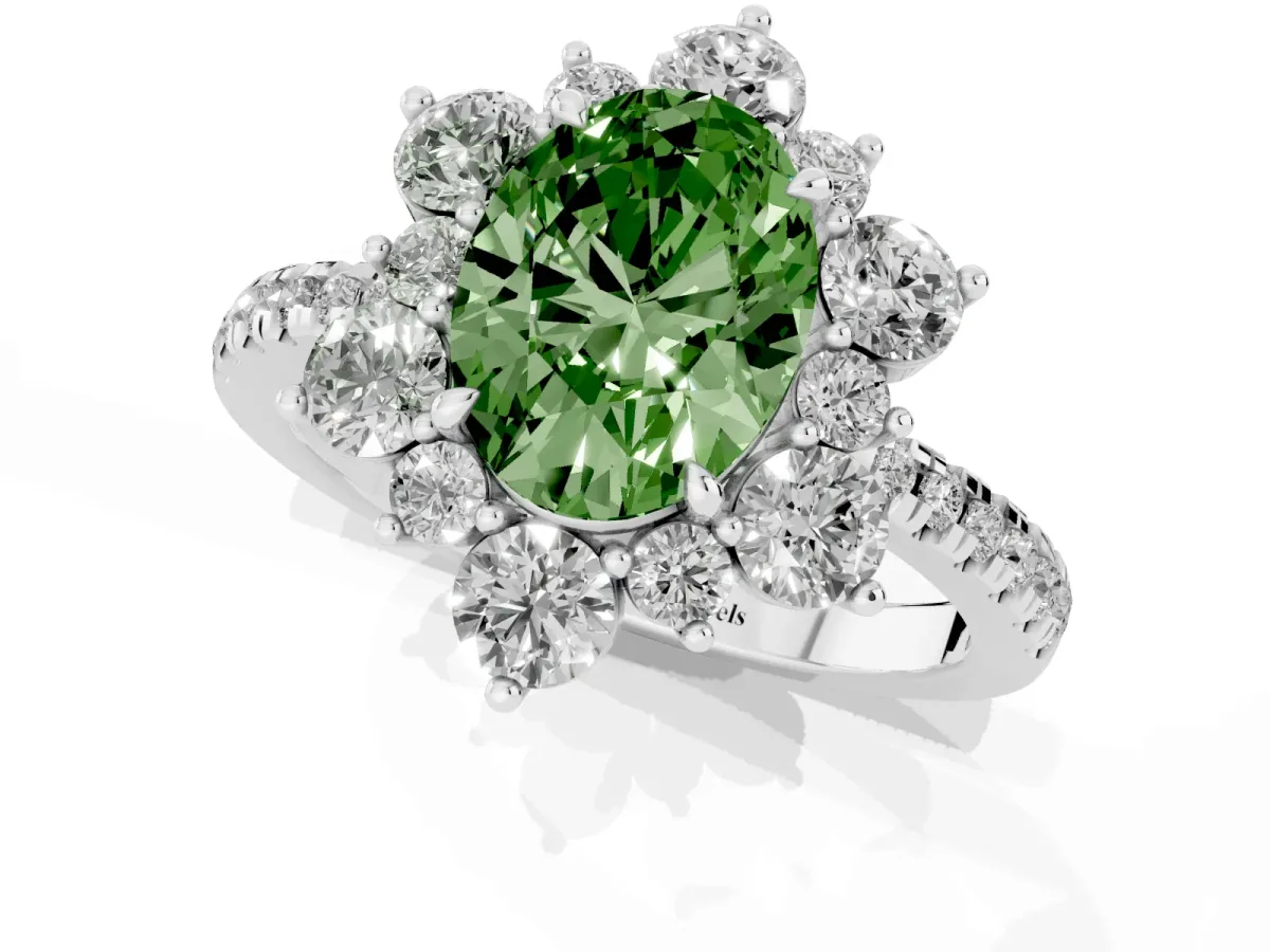 Fancy Green Oval Cut Diamond Floral Halo Ring with Round Pavé Band and Prong Setting White gold