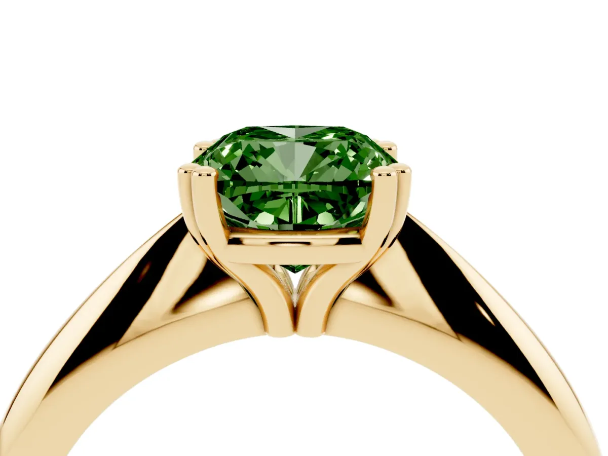 Fancy Green Cushion Cut Cut Solitaire Engagement Ring with Tapered Band and Four-Prong Setting Yellow gold
