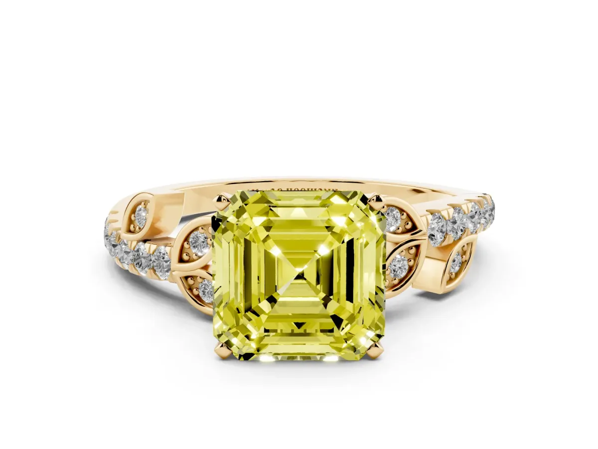 Fancy Yellow Asscher Cut Solitaire Leaf-Inspired Diamond Ring with Pavé Band and Four-Prong Setting Yellow gold
