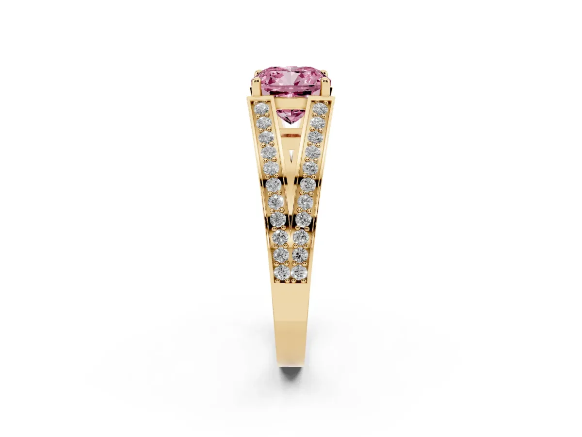 Fancy Pink Cushion Cut Diamond Split Shank Ring with Pavé Band and Four-Prong Setting Yellow gold