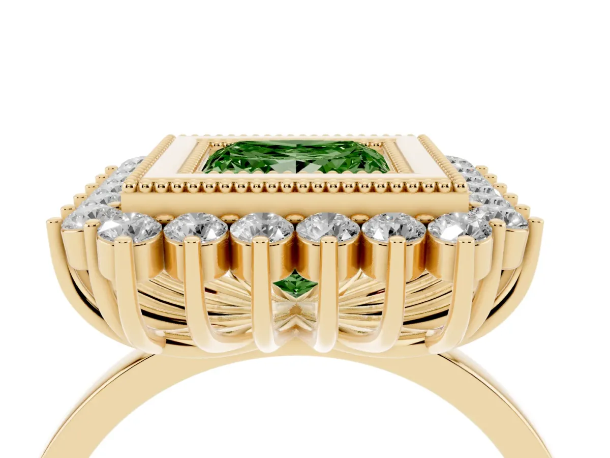 Fancy Green Princess Cut Halo Diamond Ring with Milgrain Edge and Round Prong Setting Yellow gold