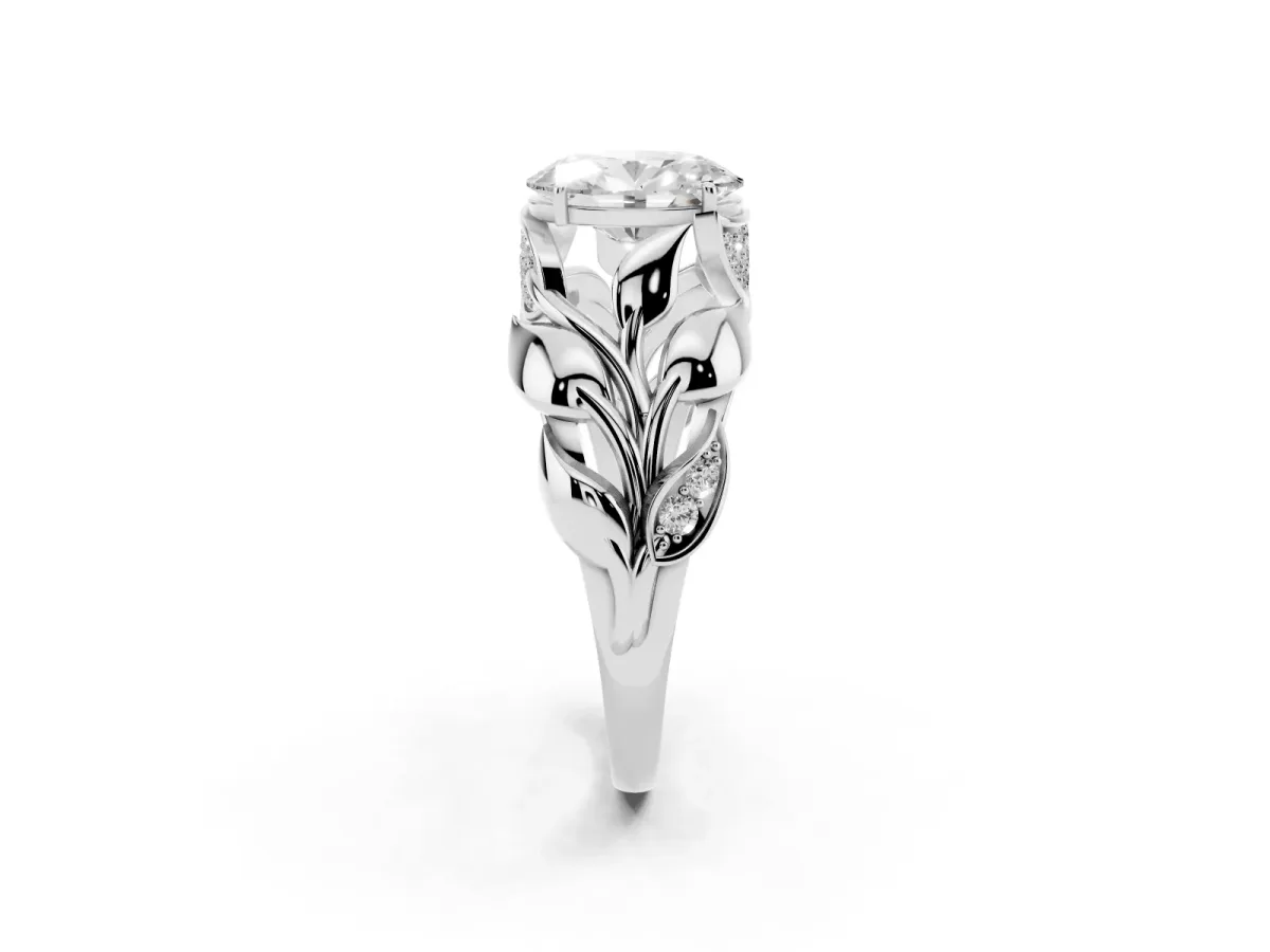 Oval Cut Diamond Leaf-Inspired Engagement Ring with Round Accents and Prong Setting Silver