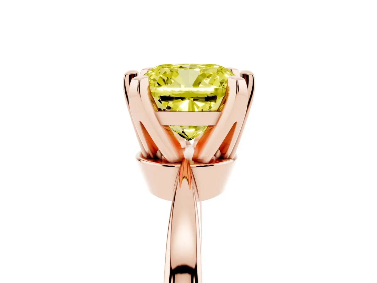 Fancy Yellow Cushion Cut Solitaire Engagement Ring with Six-Prong Setting and Tapered Band Rose gold