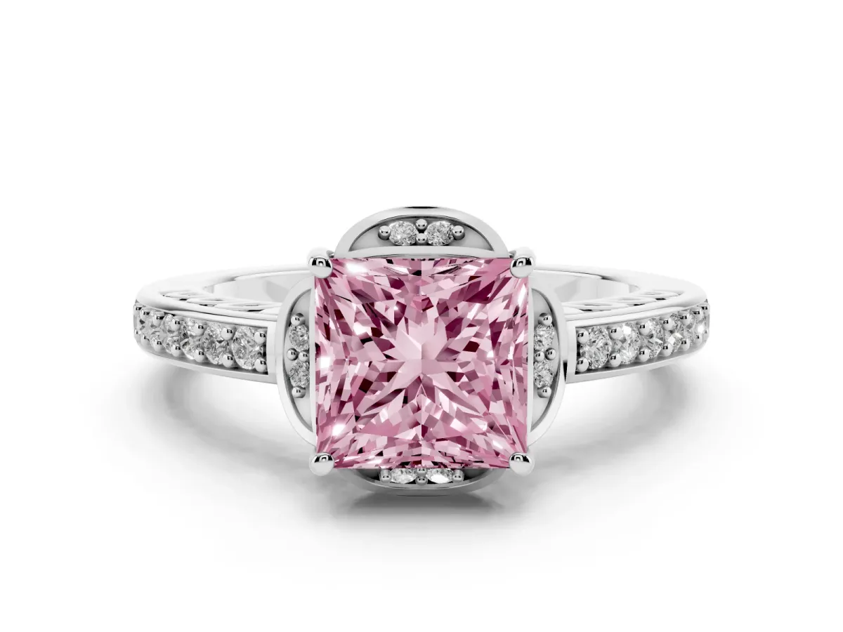 Fancy Pink Princess Cut Cut Halo Diamond Ring with Channel Set Band and Four-Prong Setting Platinum