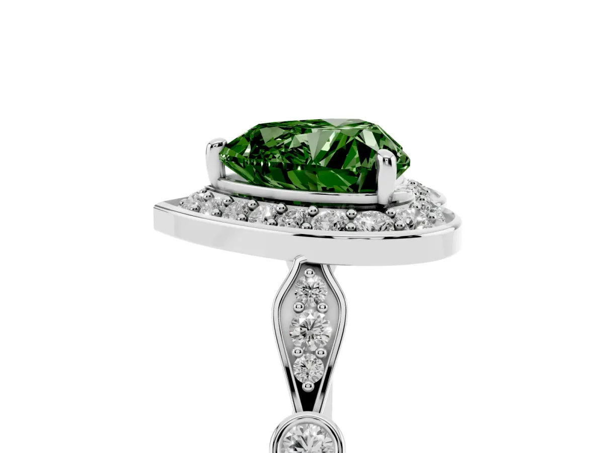 Fancy Green Heart Cut Halo Diamond Engagement Ring with Twisted Band and Four-Prong Setting Platinum