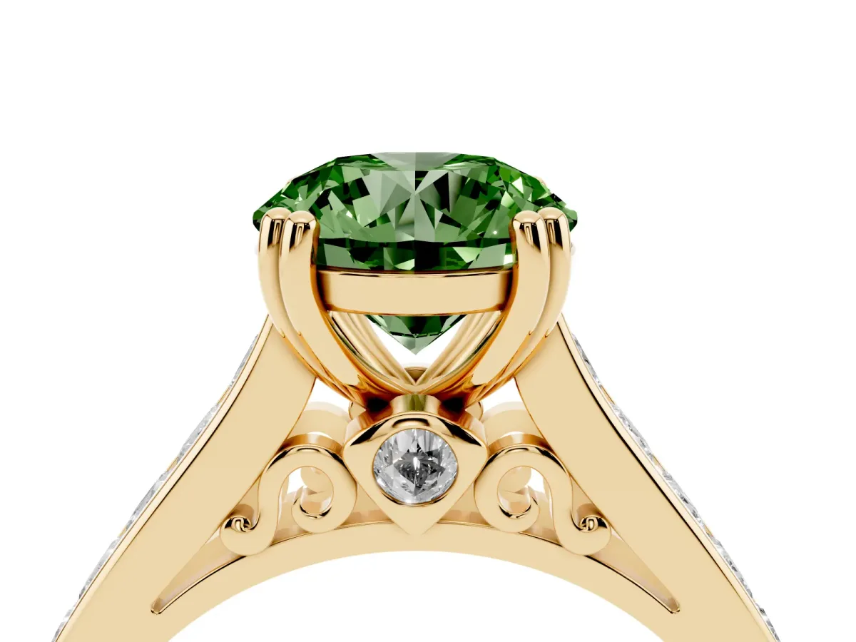 Fancy Green Round Cut Cut Channel Set Solitaire Engagement Ring with Prong Setting Yellow gold