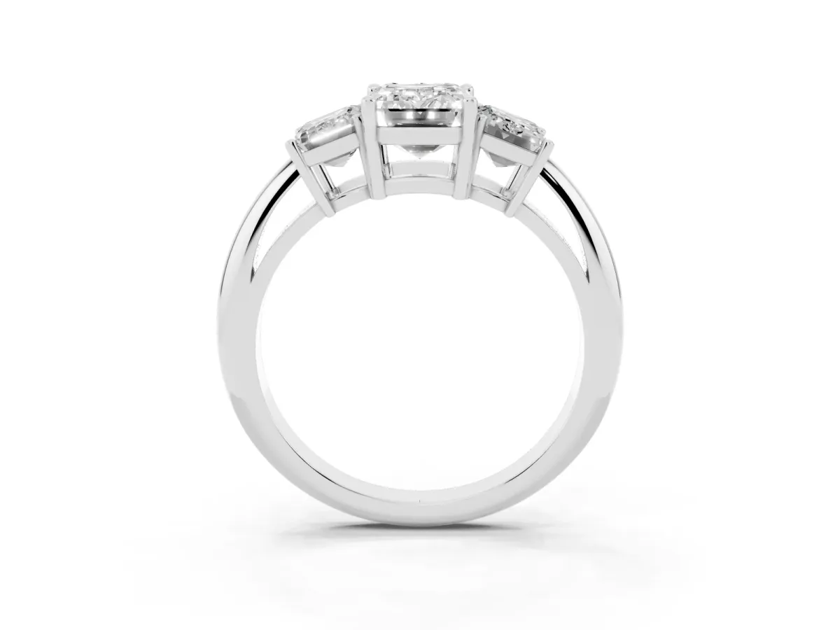 Three-Stone Emerald Cut Cut Diamond Engagement Ring with Prong Setting on a White Gold Band Platinum