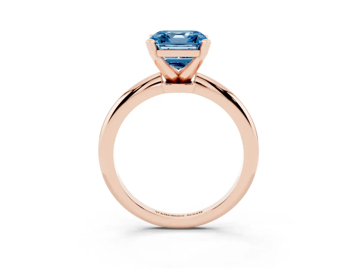 Fancy Blue Asscher Cut Diamond Solitaire Ring with Prong Setting and Classic Band Rose gold