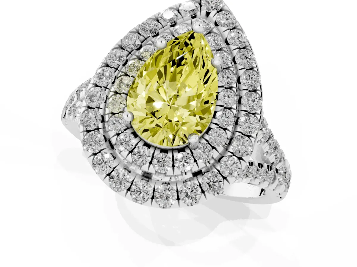 Fancy Yellow Double Halo Pear Cut Diamond Pavé Split Shank Ring with Prong Setting White gold