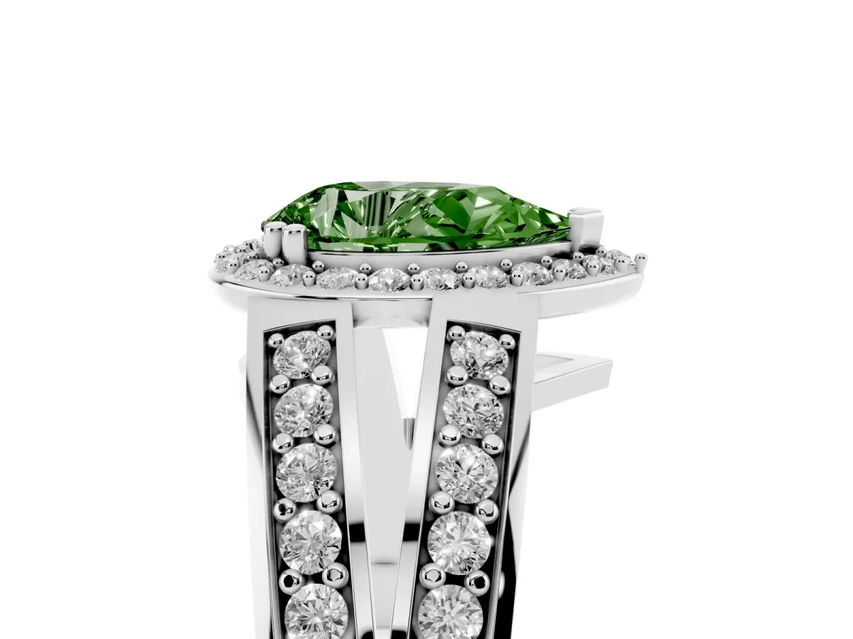 Fancy Green Pear Cut Diamond Halo Ring with Split Shank Pavé Band and Four-Prong Setting Platinum
