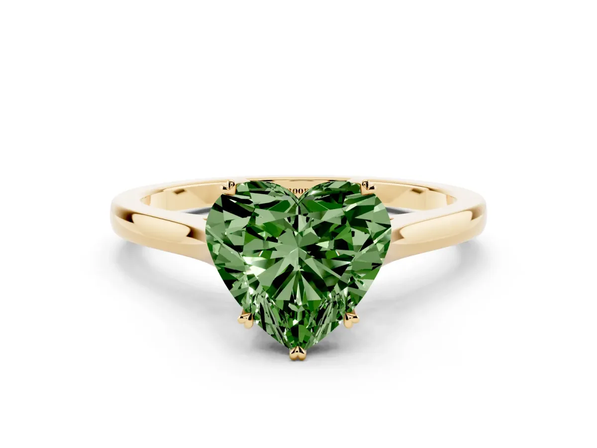 Fancy Green Heart Cut Solitaire Heart Prong Engagement Ring with Tapered Band Yellow gold