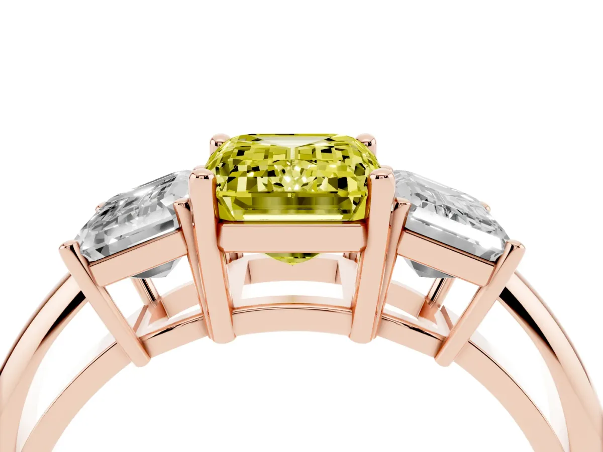 Fancy Yellow Three-Stone Emerald Cut Cut Diamond Engagement Ring with Prong Setting on a White Gold Band Rose gold
