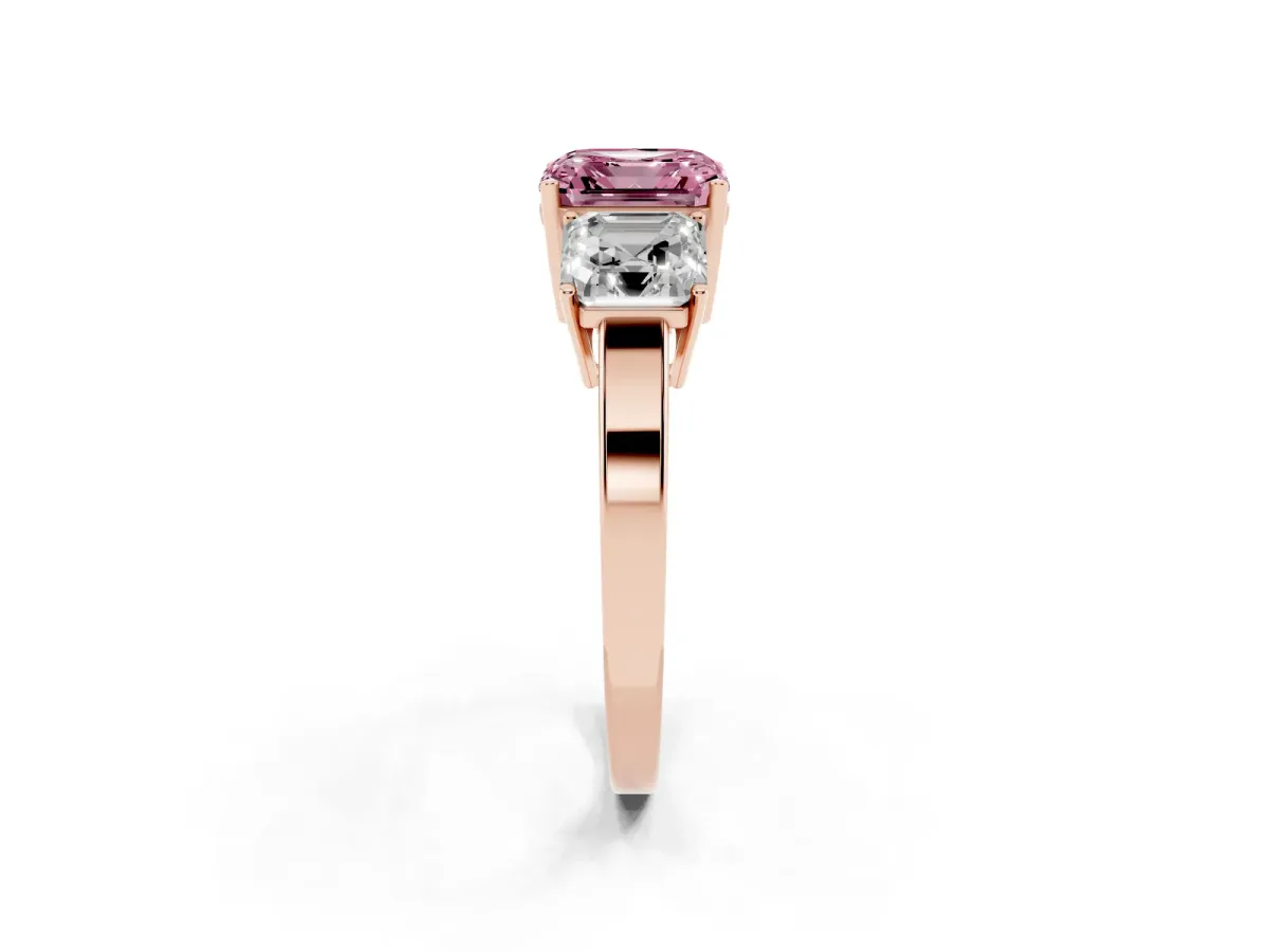 Fancy Pink Three-Stone Asscher Cut Cut Diamond Engagement Ring with Flat Band and Four-Prong Setting Rose gold