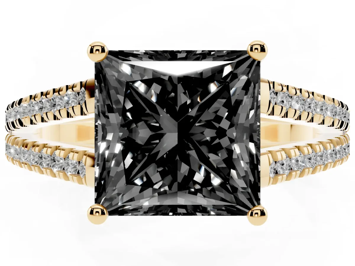 Fancy Black Princess Cut Diamond Solitaire Engagement Ring with Split Shank Pavé Band Yellow gold