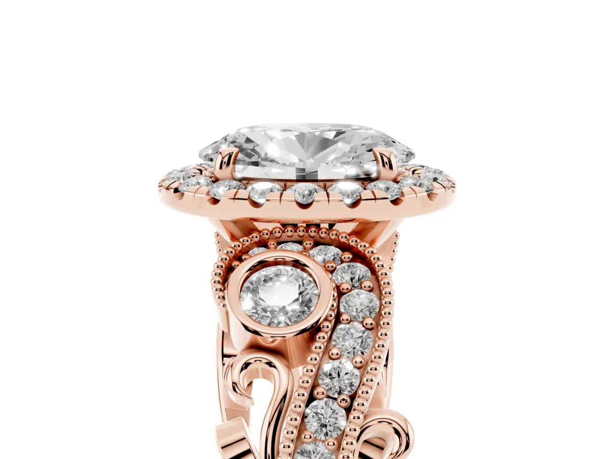 Oval Cut Halo Diamond Ring with Milgrain and Bezel Accents on a Split Shank Band Rose gold
