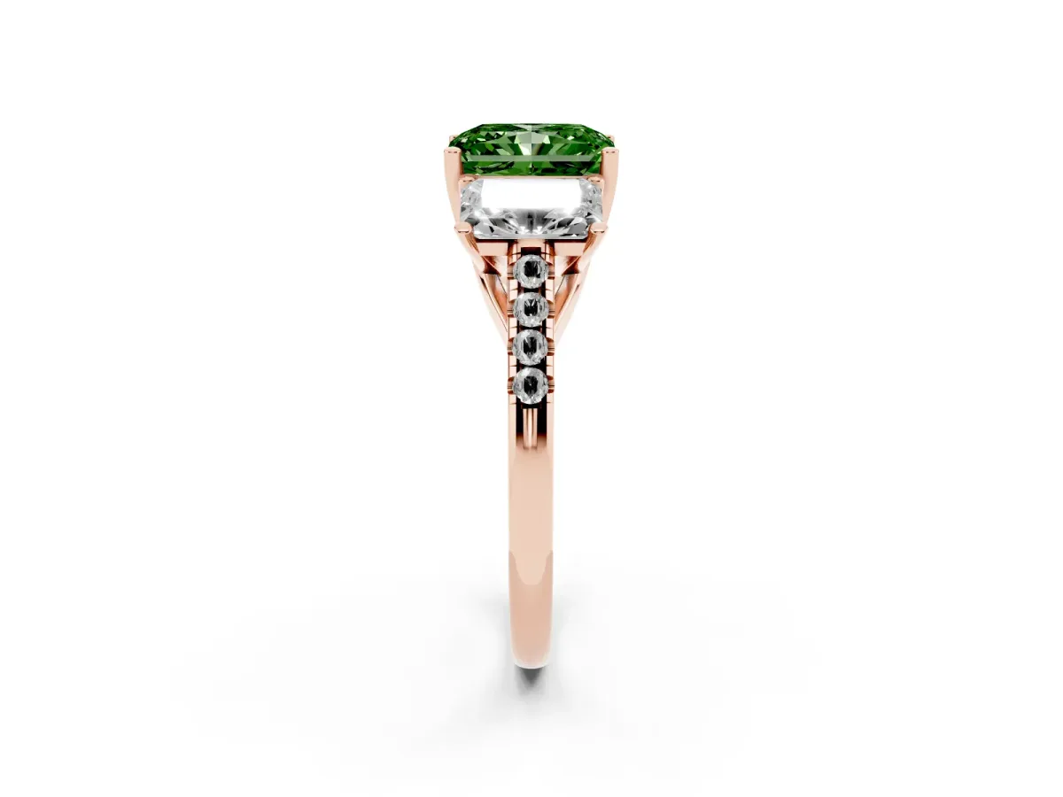 Fancy Green Three-Stone Radiant Cut Diamond Ring with Round Pavé Band and Prong Setting Rose gold