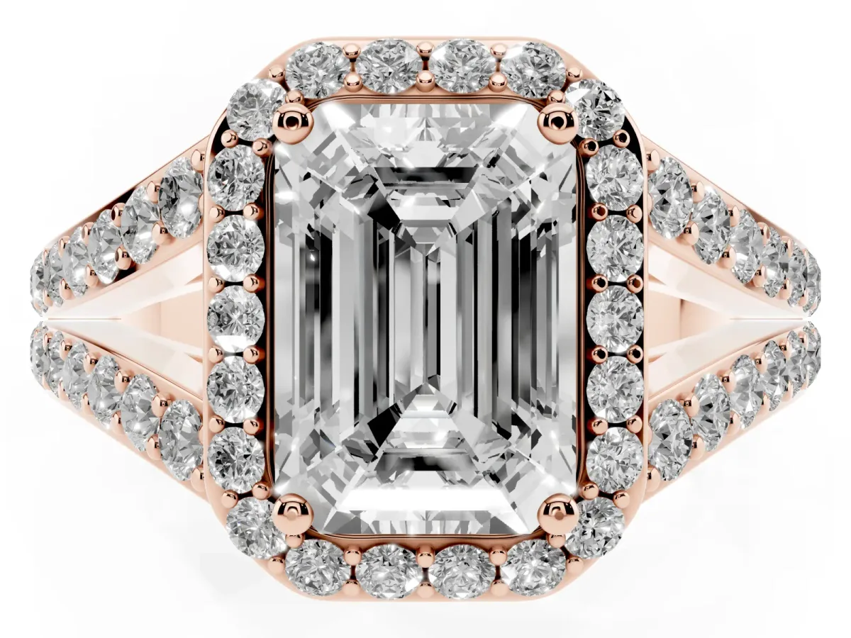 Emerald Cut Diamond Split Shank Halo Ring with Four-Prong Setting Rose gold