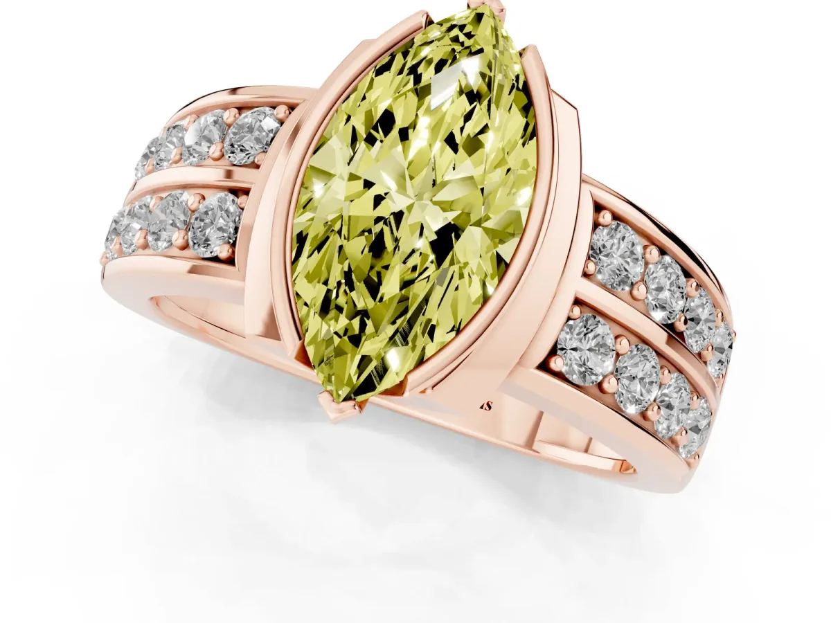 Fancy Yellow Marquise Cut Brilliant Diamond Channel Set Wide Band Ring with Bezel Setting Rose gold