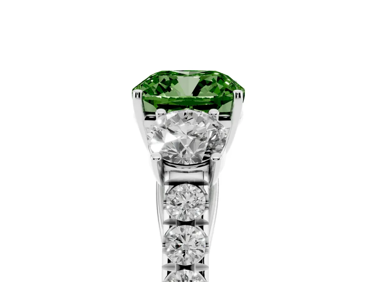 Fancy Green Cushion Cut Cut Diamond Three-Stone Ring with Round Side Stones and Pavé Band Silver