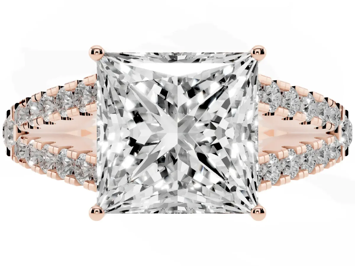 Princess Cut Diamond Split Shank Pavé Engagement Ring with Four-Prong Setting Rose gold