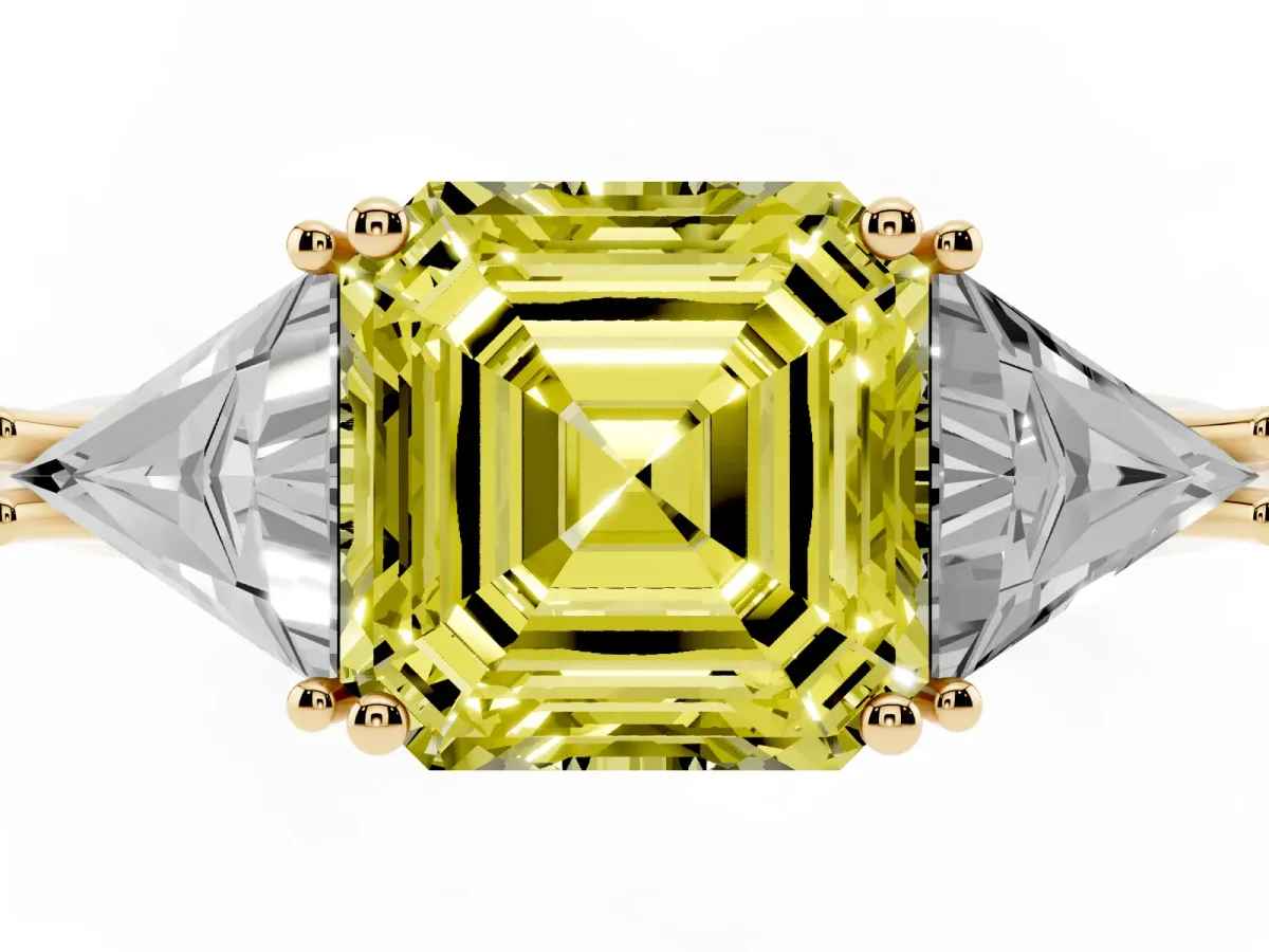 Fancy Yellow Three-Stone Asscher Cut Diamond Engagement Ring with Trillion Side Stones and Prong Setting Yellow gold