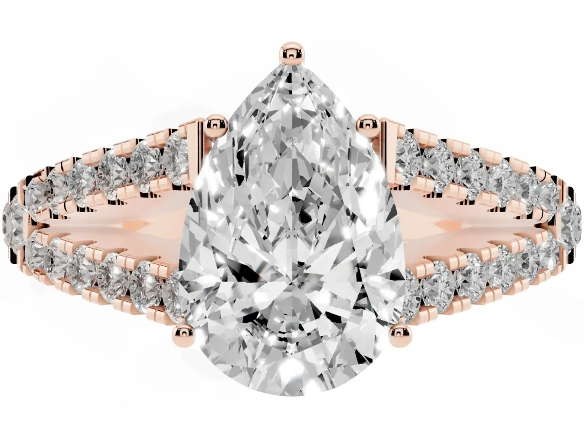 Pear Cut Diamond Split Shank Engagement Ring with Round Pavé and Prong Setting Rose gold