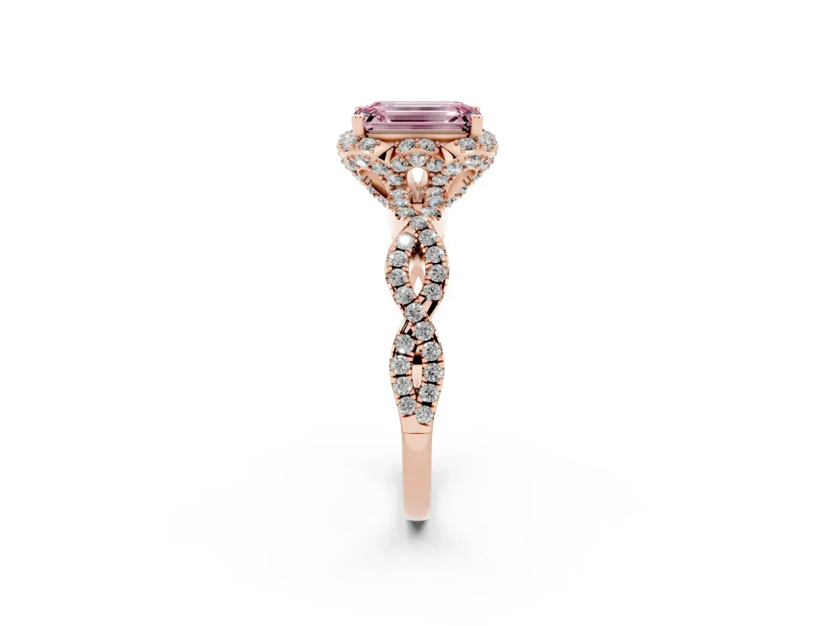 Fancy Pink Emerald Cut Halo Twist Band Solitaire Ring with Six-Prong Setting Rose gold