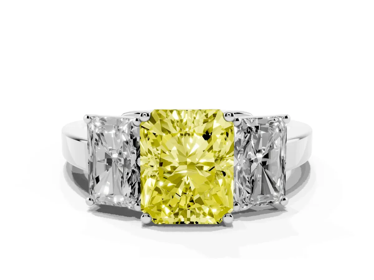 Fancy Yellow Three-Stone Radiant Cut Cut Diamond Engagement Ring with Flat Band and Four-Prong Setting Silver