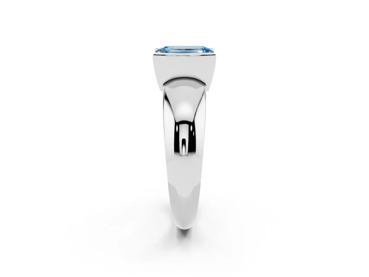 Fancy Blue Emerald Cut Solitaire Tension Set Diamond Ring with Wide Band Silver