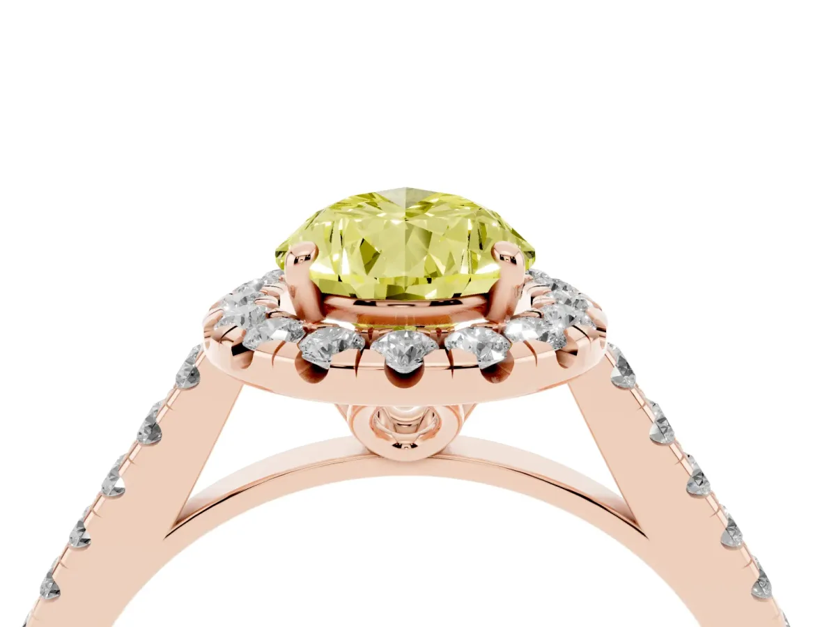 Fancy Yellow Pear Cut Halo Pavé Diamond Engagement Ring with Four-Prong Setting Rose gold