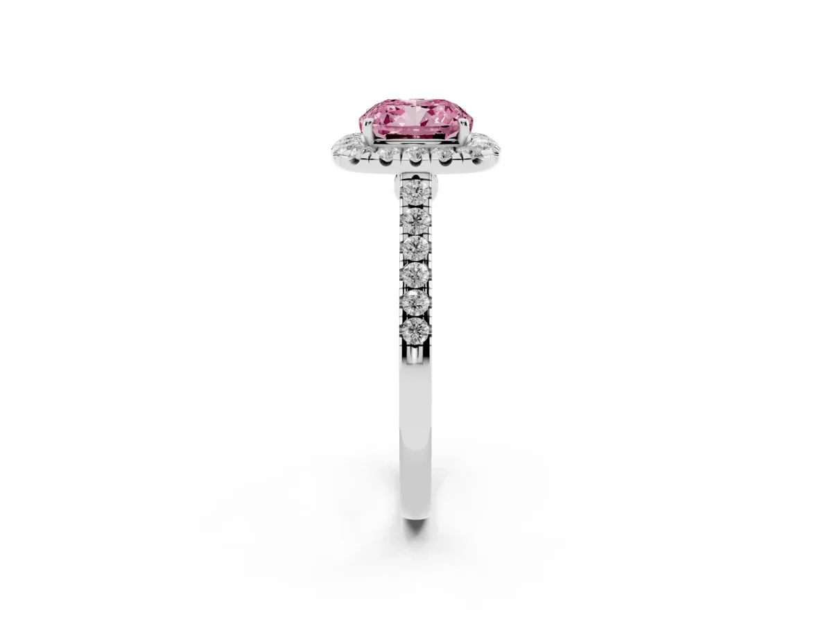 Fancy Pink Cushion Cut Halo Pave Diamond Engagement Ring with Four-Prong Setting Silver