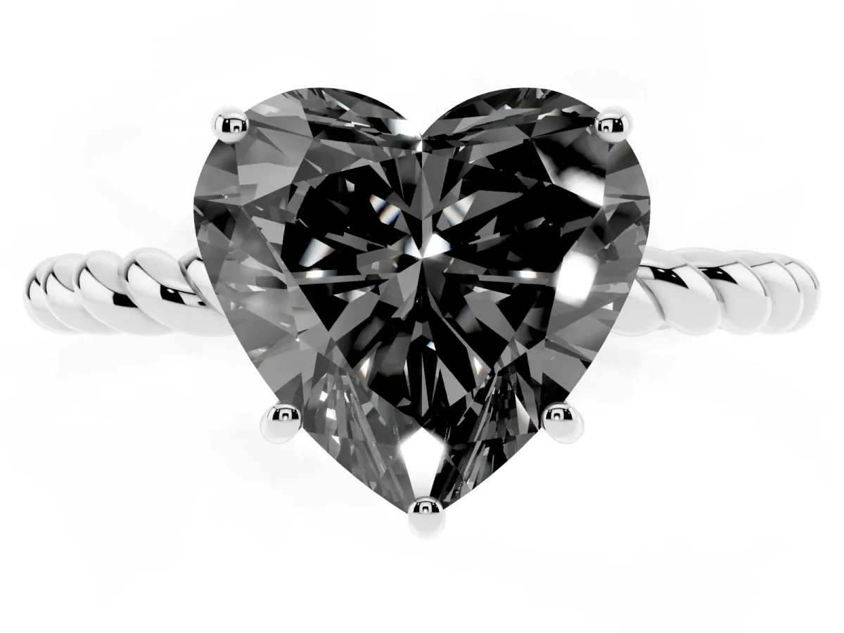 Fancy Black Heart Cut Solitaire Twisted Band 4-Prong Ring Silver