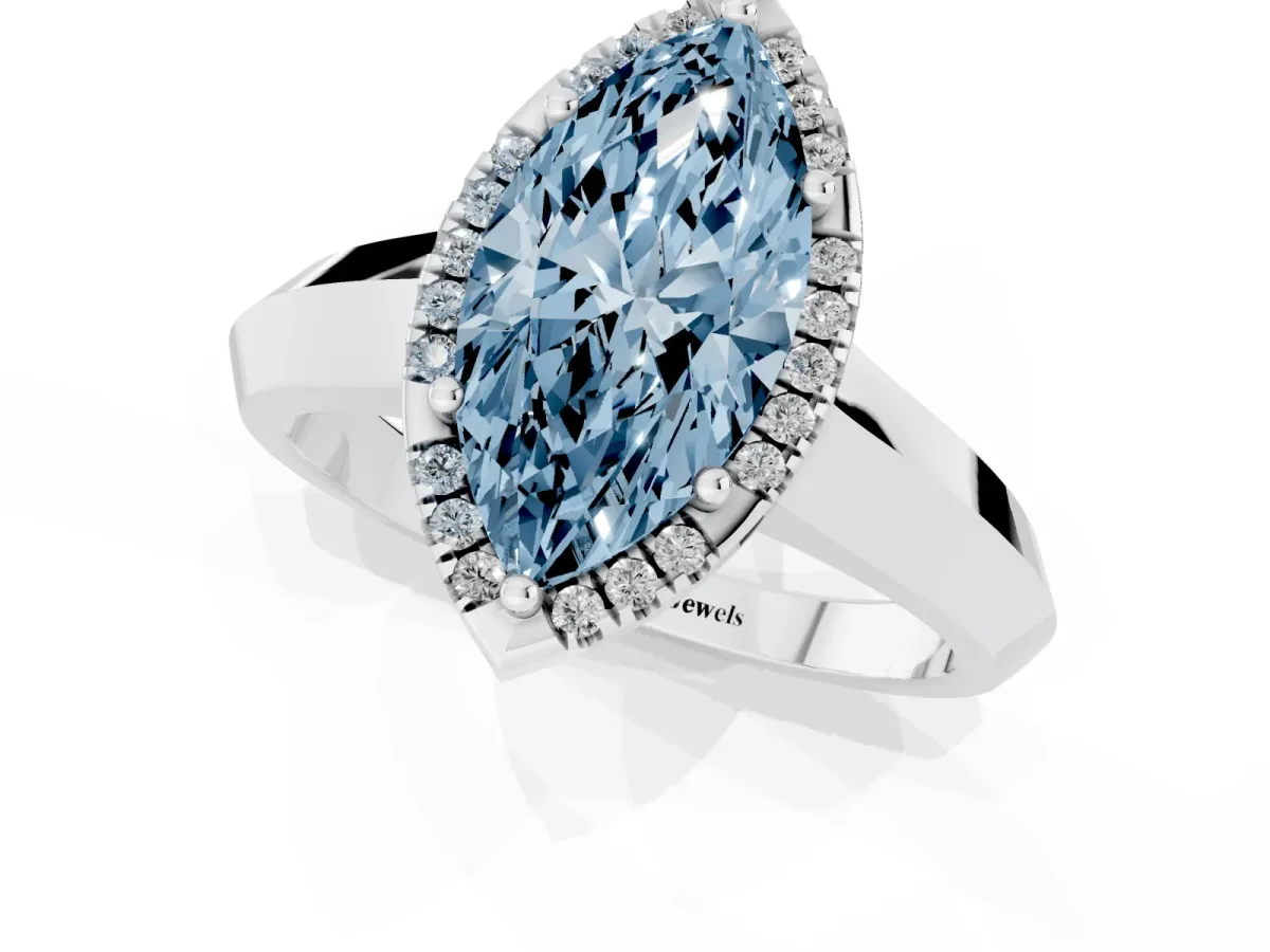 Fancy Blue Marquise Cut Halo Diamond Ring with Cathedral Band and Four-Prong Setting White gold