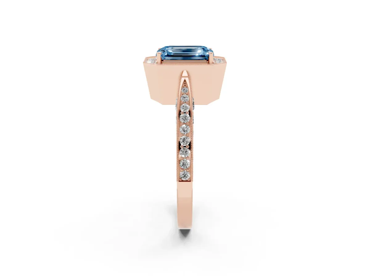 Fancy Blue Emerald Cut Halo Diamond Engagement Ring with Split Shank Band and Four-Prong Setting Rose gold