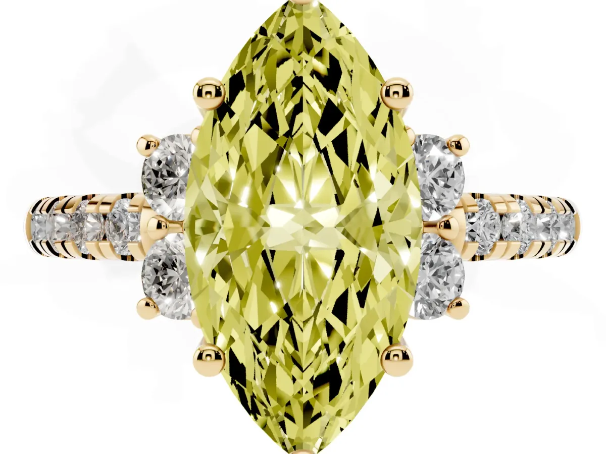 Fancy Yellow Marquise Cut Diamond Three-Stone Pave Band with Four-Prong Setting Yellow gold